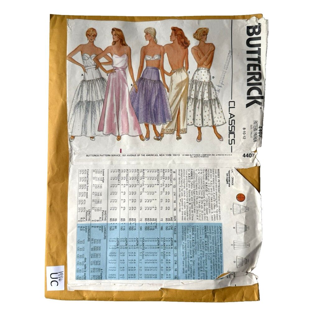 Vtg 80s BUTTERICK Sewing Pattern 4407 Petticoat Slip Women Sz 8-10-12 Skirts UC